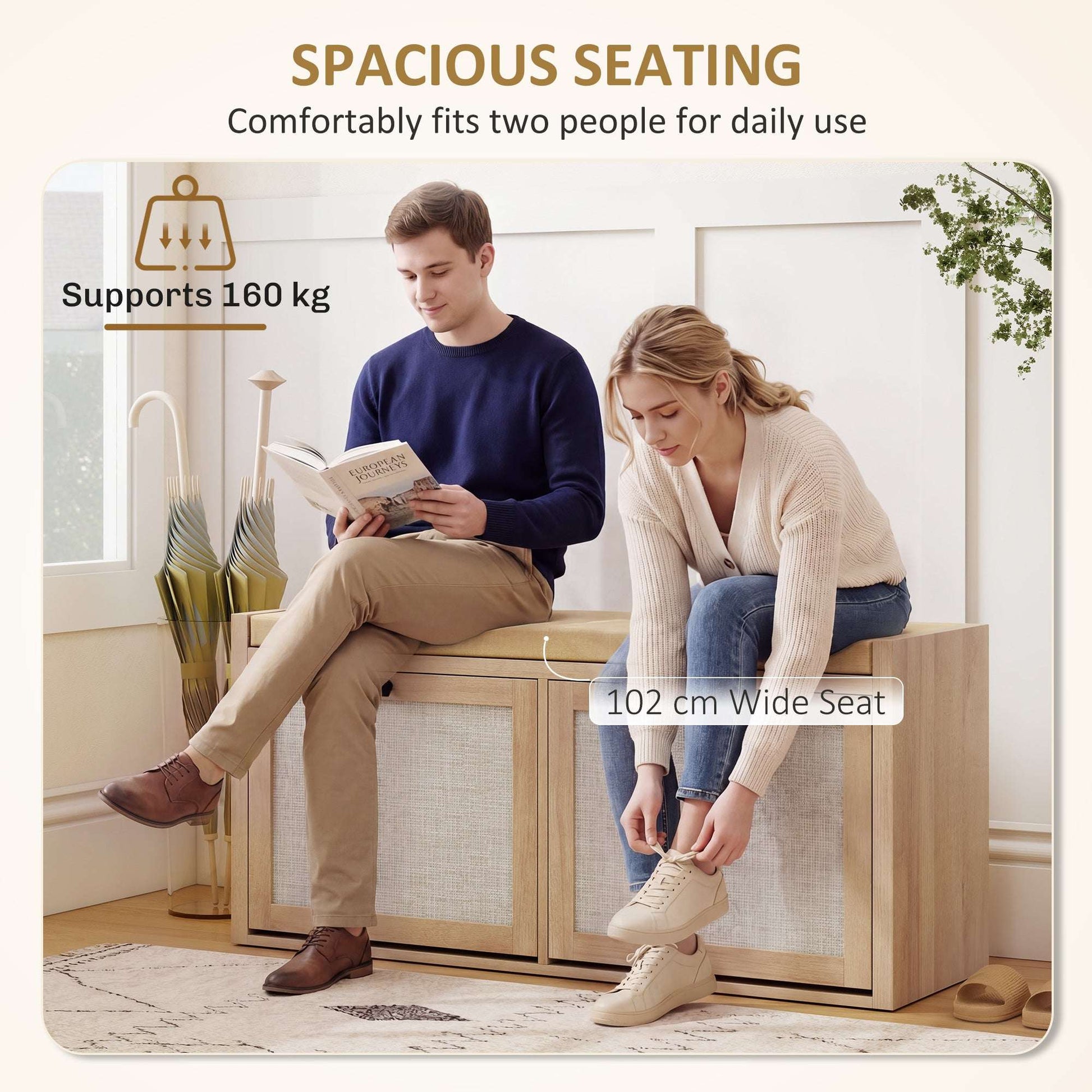 Hallway Shoe Bench | PE Rattan Doors | 4.5cm Foam Padded Seat for 2 | 2 Flip-Down Cabinets | Magnetic Catches | BS5852 Compliant | 180kg Capacity | 105x35x50cm | Oak Wood Effect