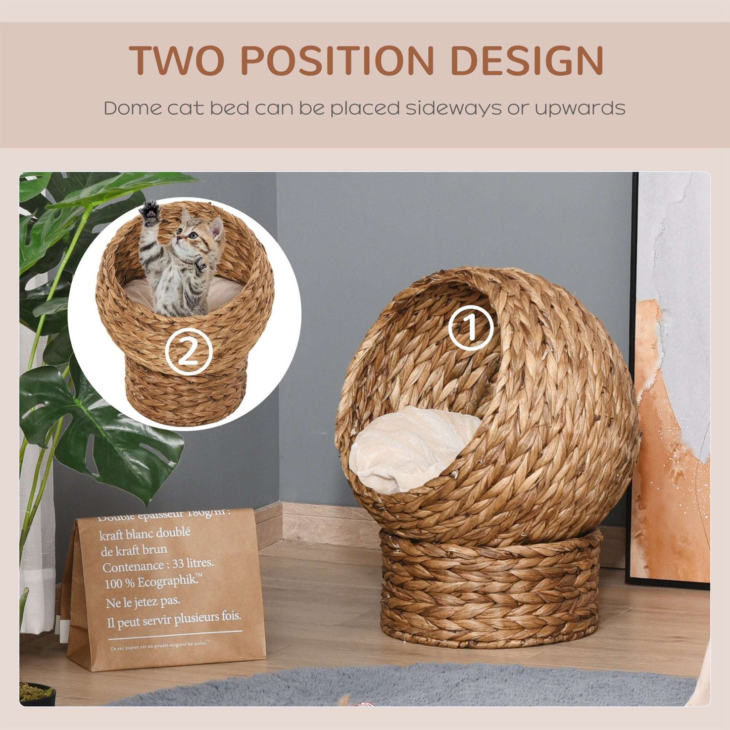 Woven Water Hyacinth Elevated Cat Bed | Wicker Dome Cave | Soft Removable Washable Cushion | Hand-Woven | Metal Wire Frame | Elevated Pod Design | 50x42x60cm | Brown