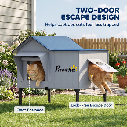 Heated Outdoor Cat House with 34W 230V Heating Pad | 5-Layer Insulation | PU Waterproof Shell | 5cm Elevated Base | Lock-Free Escape Door | 51x41x55cm | Up to 2 Cats | Light Grey