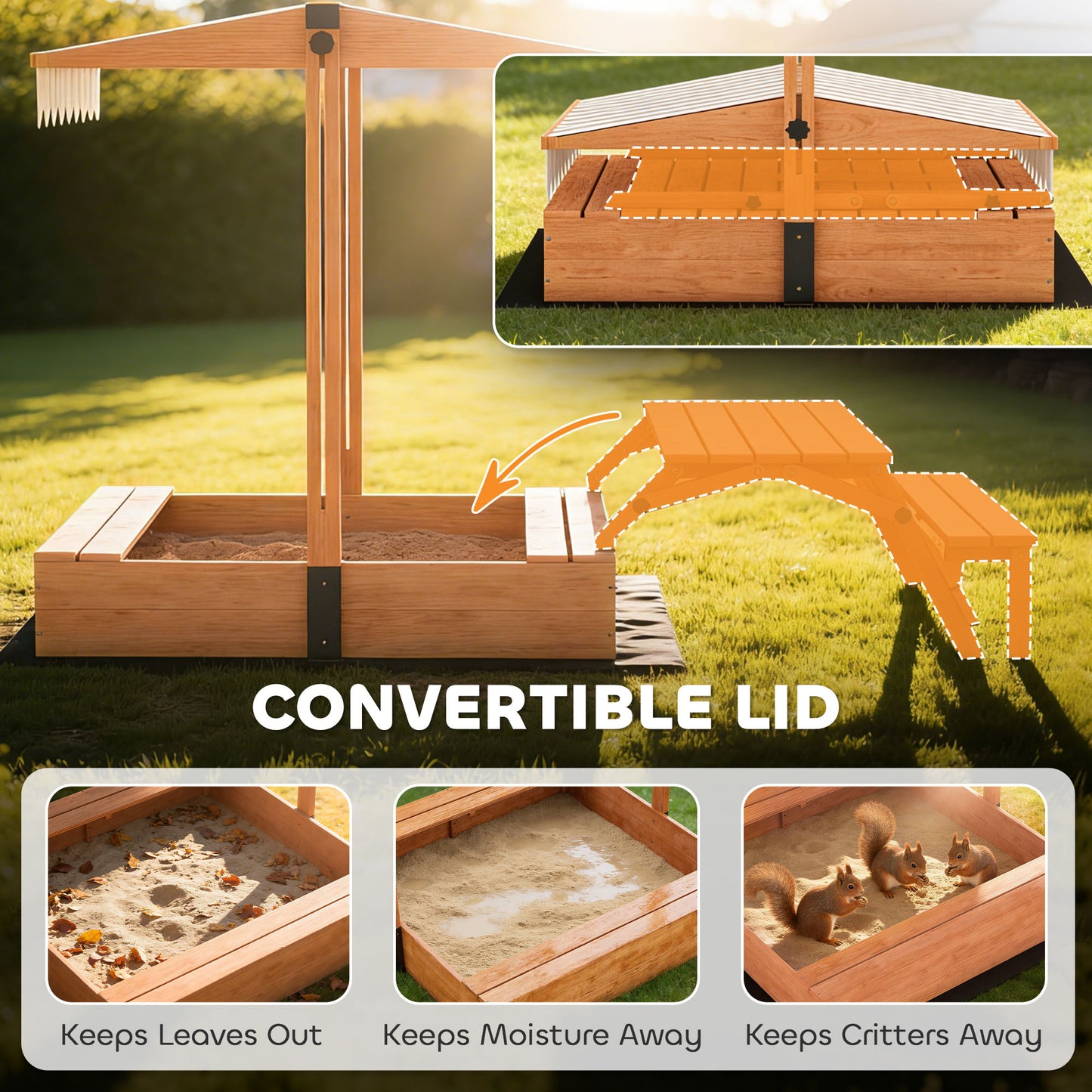 Kids Sand Pit with Canopy & Picnic Table – Fits 6 Children, 265kg Sand Capacity, UV-Proof Adjustable Canopy, Solid Fir Wood, EN71 Tested, Ages 3–8