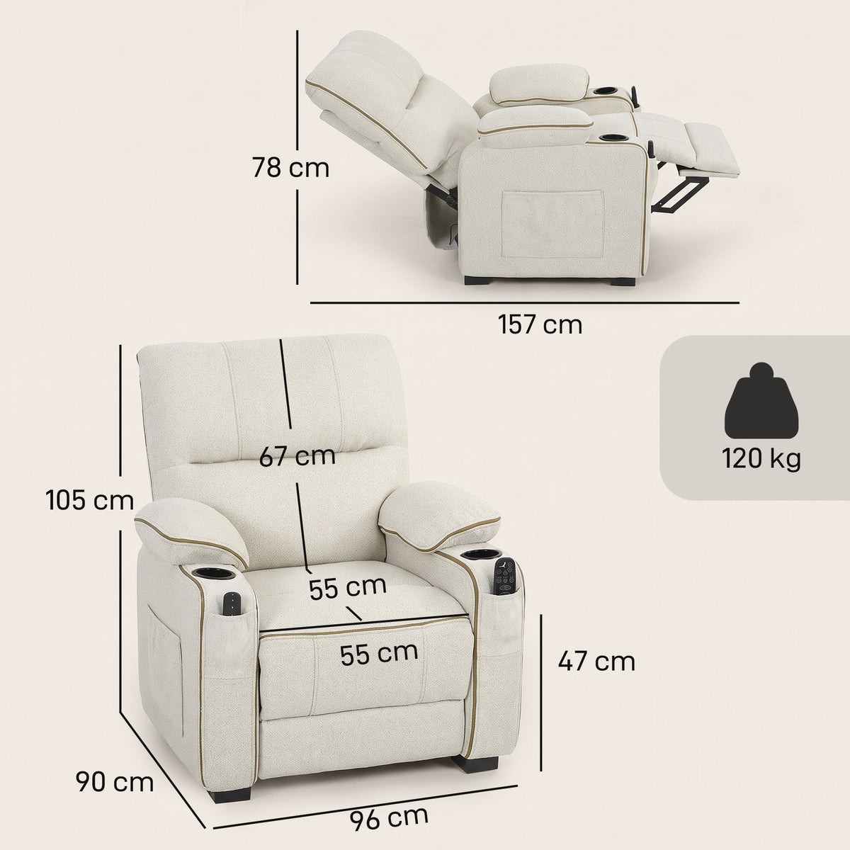 Electric Massage Recliner Armchair | 8-Point Vibration & Lumbar Heat | 150° Recline, 2 Memory Positions, USB & Cup Holders | Beige