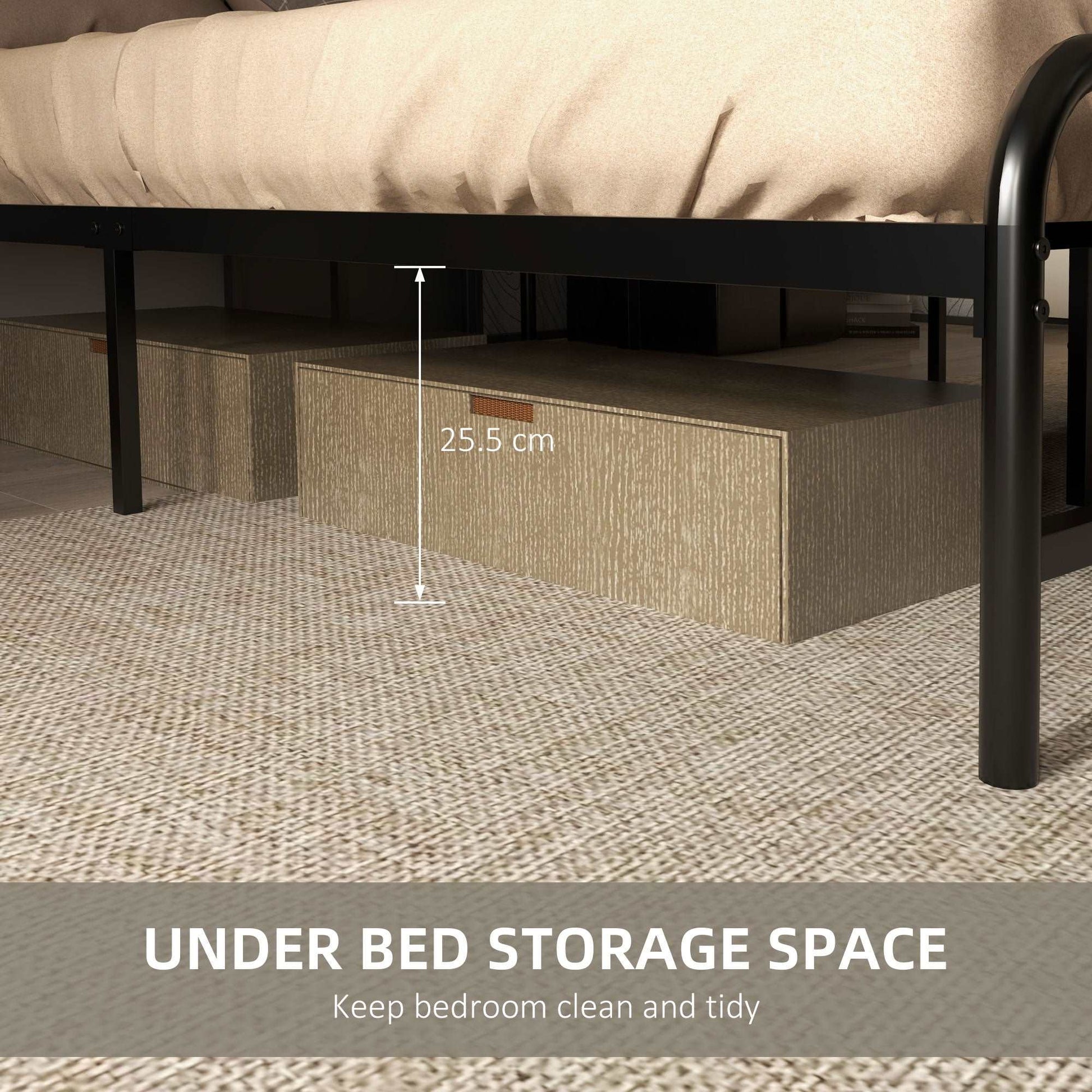 25.5cm Retro Double Bed Frame, Industrial Bed Base with Headboard, Footboard, Steel Slat Support and Under Bed Storage, 145 x 199cm, Rustic Brown