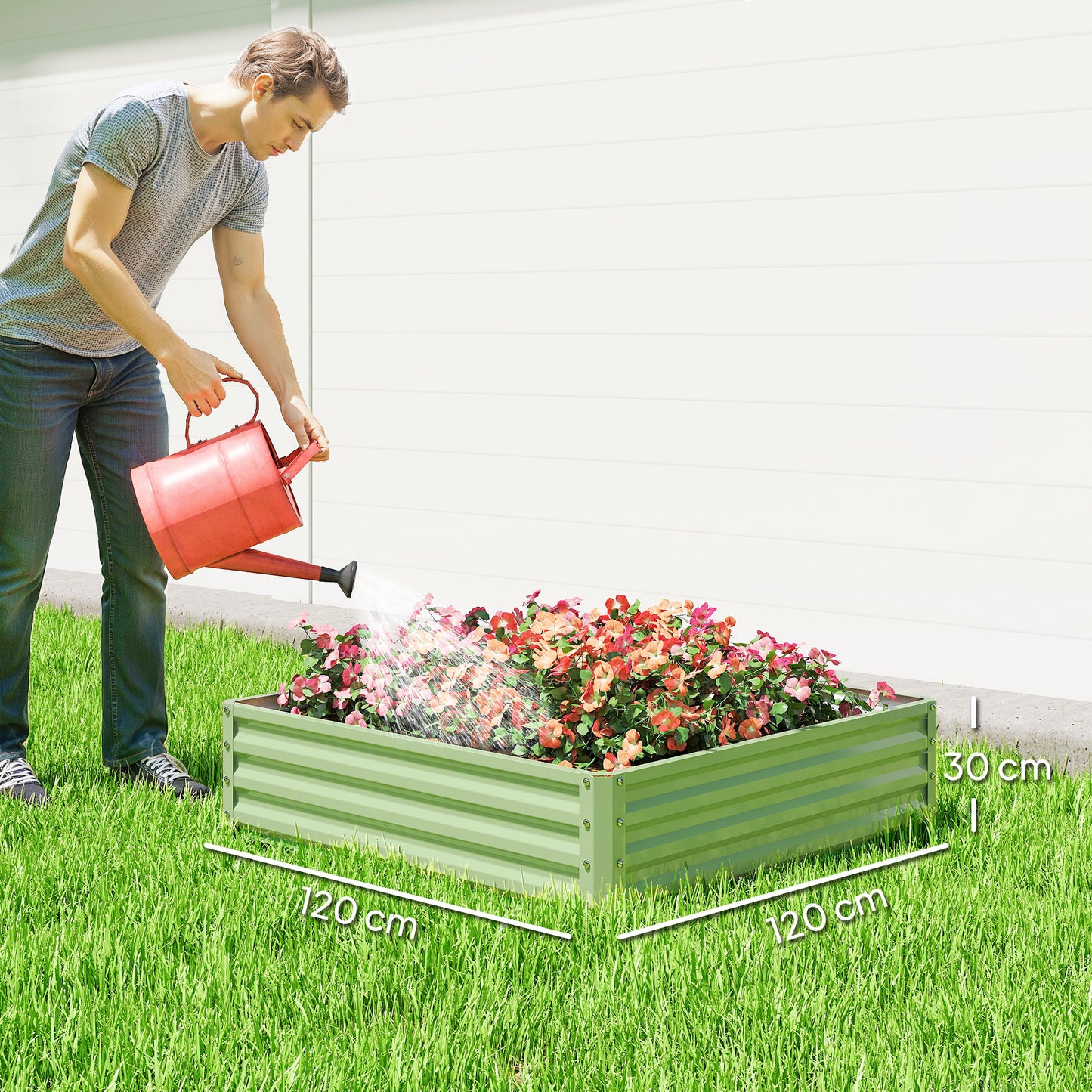 Square Galvanised Steel Raised Garden Bed | 120x120x30cm | Open Base | Slot-Together | Vegetables, Flowers & Herbs | Light Green