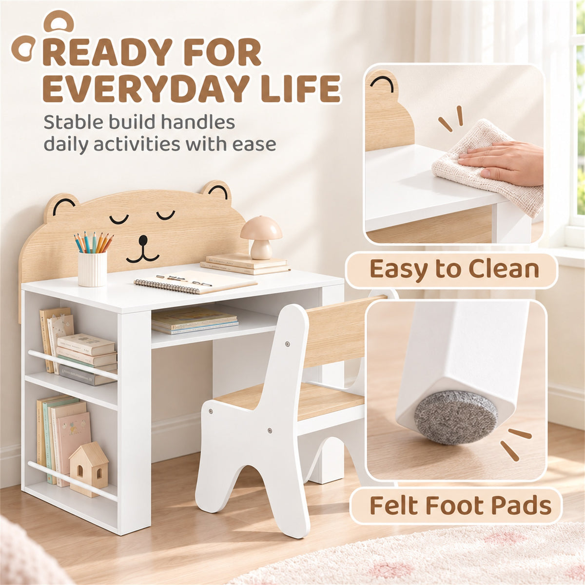 AIYAPLAY Kids Desk & Chair Set | White & Wood-Grain Bear Design | 80cm Tabletop, Side Bookshelves & Open Storage | Ages 3–8