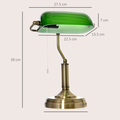 Set of 2 Banker's Desk Lamps | Green Glass Shade | Antique Brass Base | Pull Rope Switch