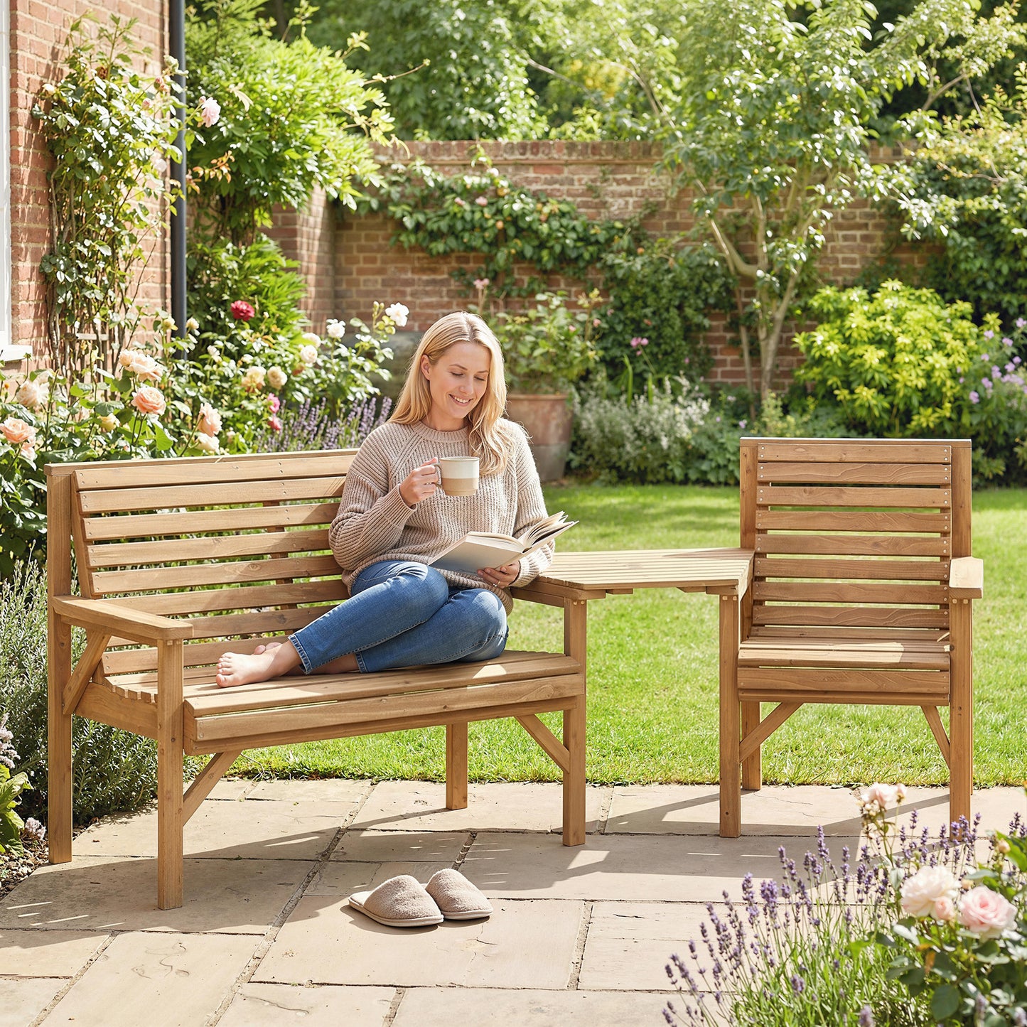 3-Piece Wooden Garden Furniture Set | Armchair | 2-Seater Bench | Detachable Tray Table | Umbrella Hole | Fir Wood | Water-Resistant | Natural Wood