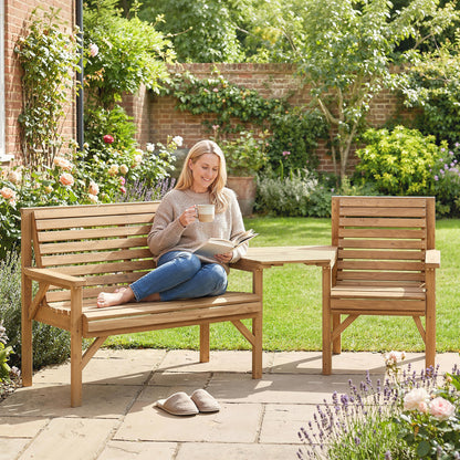 3-Piece Wooden Garden Furniture Set | Armchair | 2-Seater Bench | Detachable Tray Table | Umbrella Hole | Fir Wood | Water-Resistant | Natural Wood