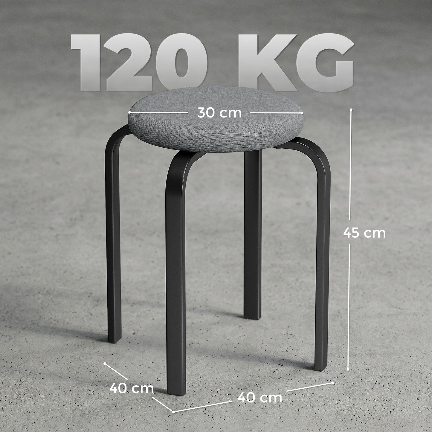 Set of 4 Stackable Cushioned Round Stools | 4cm Foam Seat | Powder-Coated Steel Legs | 120kg Capacity | BS5852 Fire Safety Certified | No Assembly | 40x40x45cm | Dark Grey