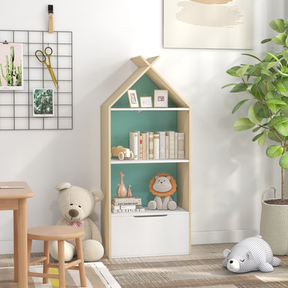 AIYAPLAY Kids Bookshelf with 3 Shelves, Drawer, Anti-tip Device, Anti-Slip Foot Cover, for Kids Room, Green