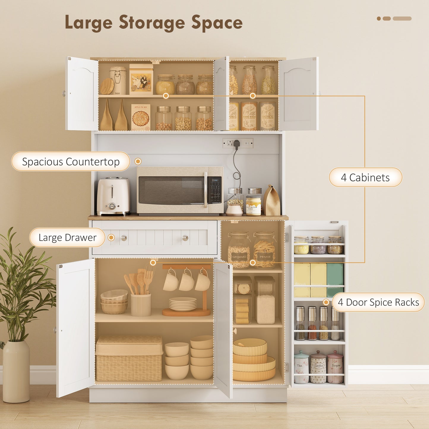 173cm Tall Kitchen Cupboard | Charging Station | Pantry Storage Cabinet | Adjustable Shelves | 4 Door Racks | White