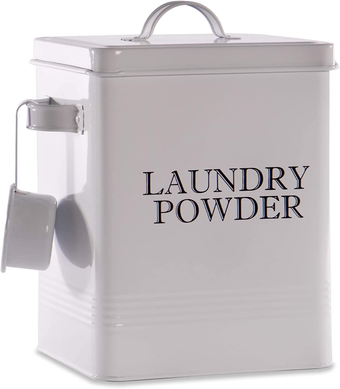Laundry Powder Storage Tin | Powder-Coated Steel | Secure Lid | Side Carry Handles | 83.5ml Scoop Included | 26x20x15cm | 2-Year Warranty | White