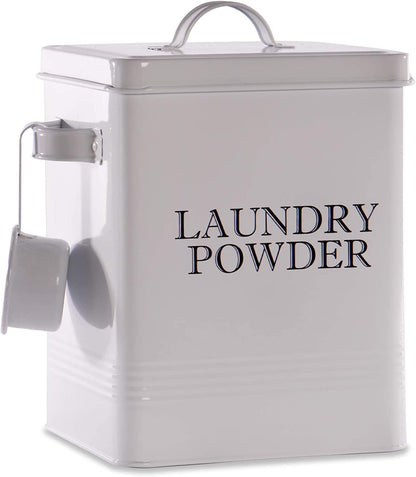 Laundry Powder Storage Tin | Powder-Coated Steel | Secure Lid | Side Carry Handles | 83.5ml Scoop Included | 26x20x15cm | 2-Year Warranty | White