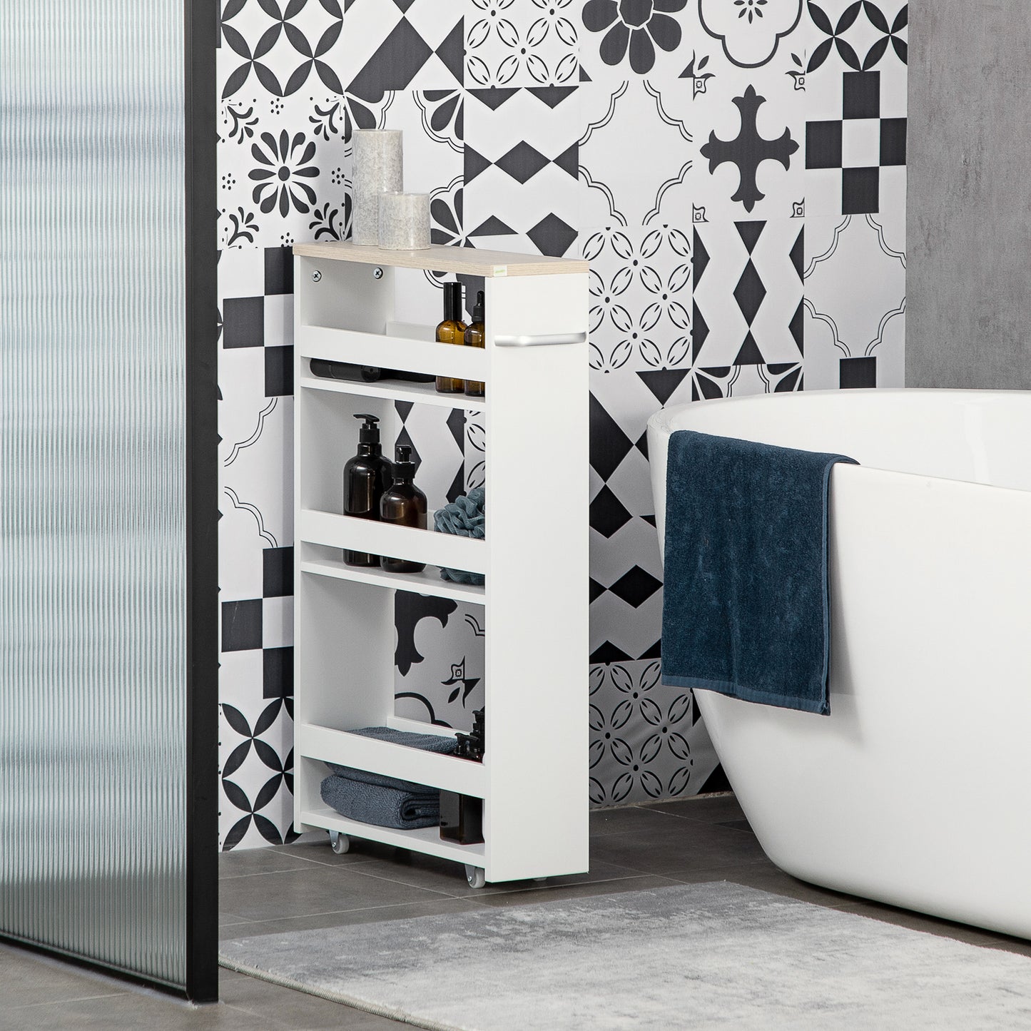 4-Tier Slim Bathroom Storage Trolley | 4 Wheels & Side Handle | Moisture-Resistant Laminated MDF | 10kg Total 2.5kg Per Shelf | Fits Between Toilet & Bath | 48x15x80cm | White