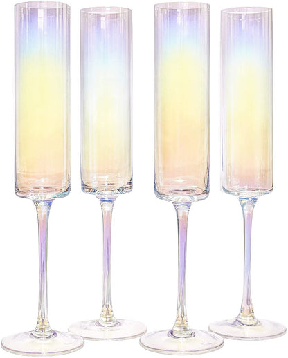 Maison & White Edge Champagne Flutes | Set of 4 | Iridescent | 180ml | 24.5cm | Handmade 100% Lead-Free Crystal | Slender Stem | 2-Year Warranty
