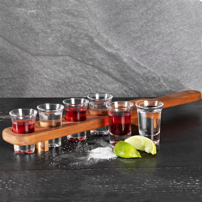 Maison & White Wooden Drinks Paddle with 6 Shot Glasses | Solid Wood | 45cm Board | 25ml Glasses | Dishwasher Safe Glasses | Party Bar Accessory | 2-Year Warranty