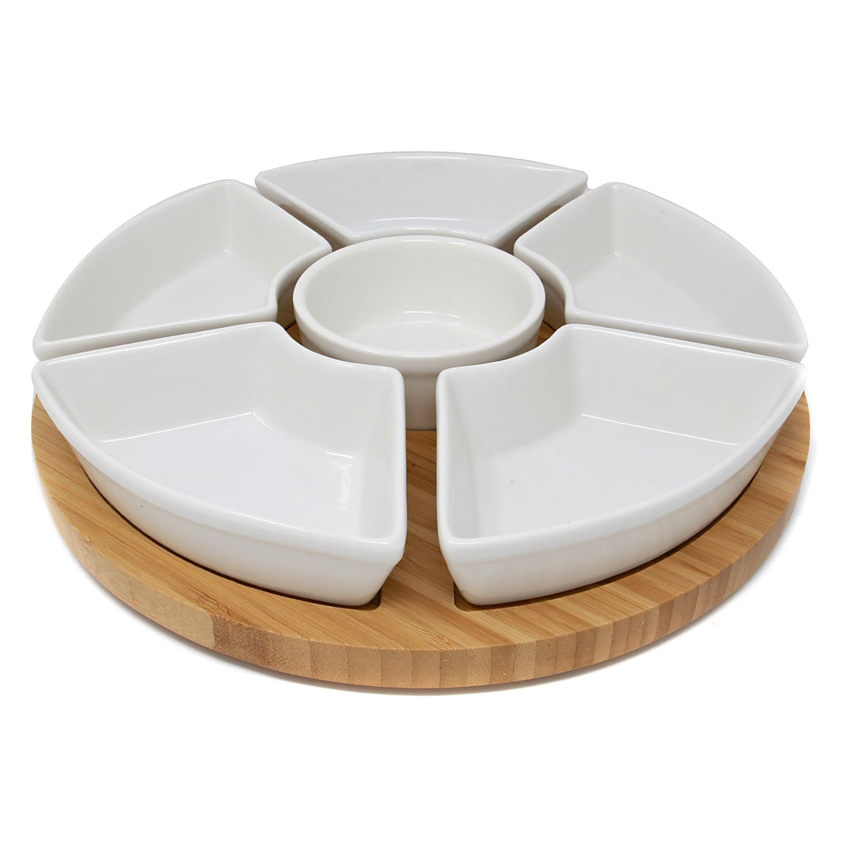 Maison & White Bamboo Lazy Susan Dip Set | 6 Removable White Ceramic Bowls | 360° Rotating Snack Server | 30.5cm