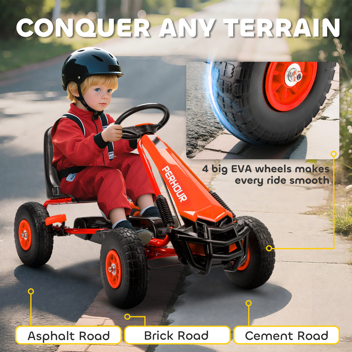 AIYAPLAY Kids Pedal Go-Kart | Red or Blue | 110x61x62cm | Ø25cm EVA Wheels | Adjustable Seat 30cm | 5cm Adjustment | Manual Brake & Clutch | Steel Frame | 30kg Max | Age 3-8 | Height 105-125cm | EN71