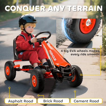 AIYAPLAY Kids Pedal Go-Kart | Red or Blue | 110x61x62cm | Ø25cm EVA Wheels | Adjustable Seat 30cm | 5cm Adjustment | Manual Brake & Clutch | Steel Frame | 30kg Max | Age 3-8 | Height 105-125cm | EN71