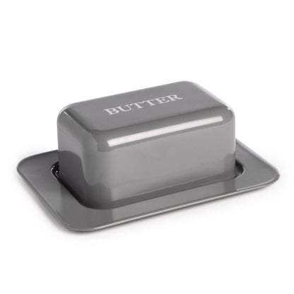 Maison & White Butter Dish with Lid | Grey Enamel-Coated Steel | Vintage-Style Covered Serving Tray | 20 × 14.5 × 7.5cm