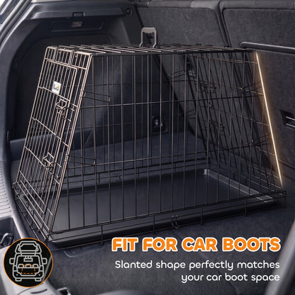 Collapsible Car Dog Crate | Slanted Boot-Fit Design | Removable Tray | Secure Latch | 76 x 48 x 53cm | Small Dogs | Black