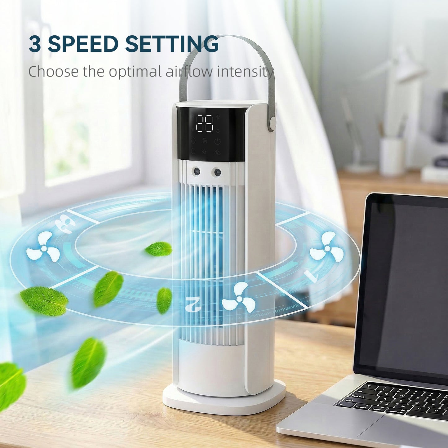 Tower Fan for Bedroom, 16 Inch Mist Desktop Fan with RGB Lights, 3 Speeds, 90° Oscillation, 10H Timer, for Home Office