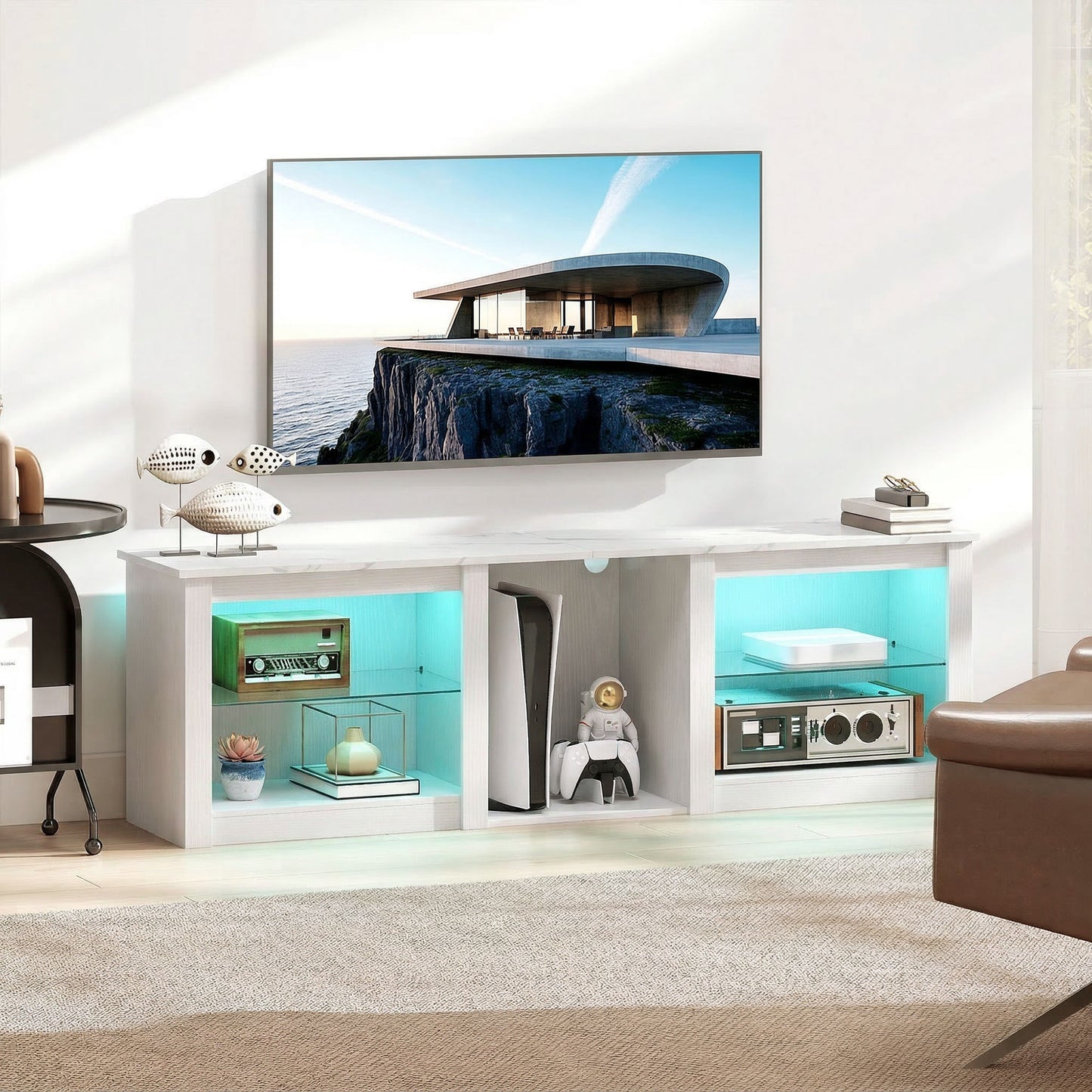 70" TV Stand with RGB LED Lights & Storage – 16 Modes, 7 Colours, 5 Compartments, Adjustable Glass Shelves, Cable Management, Marble-Effect Top – White