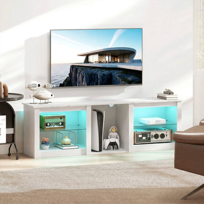 70" TV Stand with RGB LED Lights & Storage – 16 Modes, 7 Colours, 5 Compartments, Adjustable Glass Shelves, Cable Management, Marble-Effect Top – White