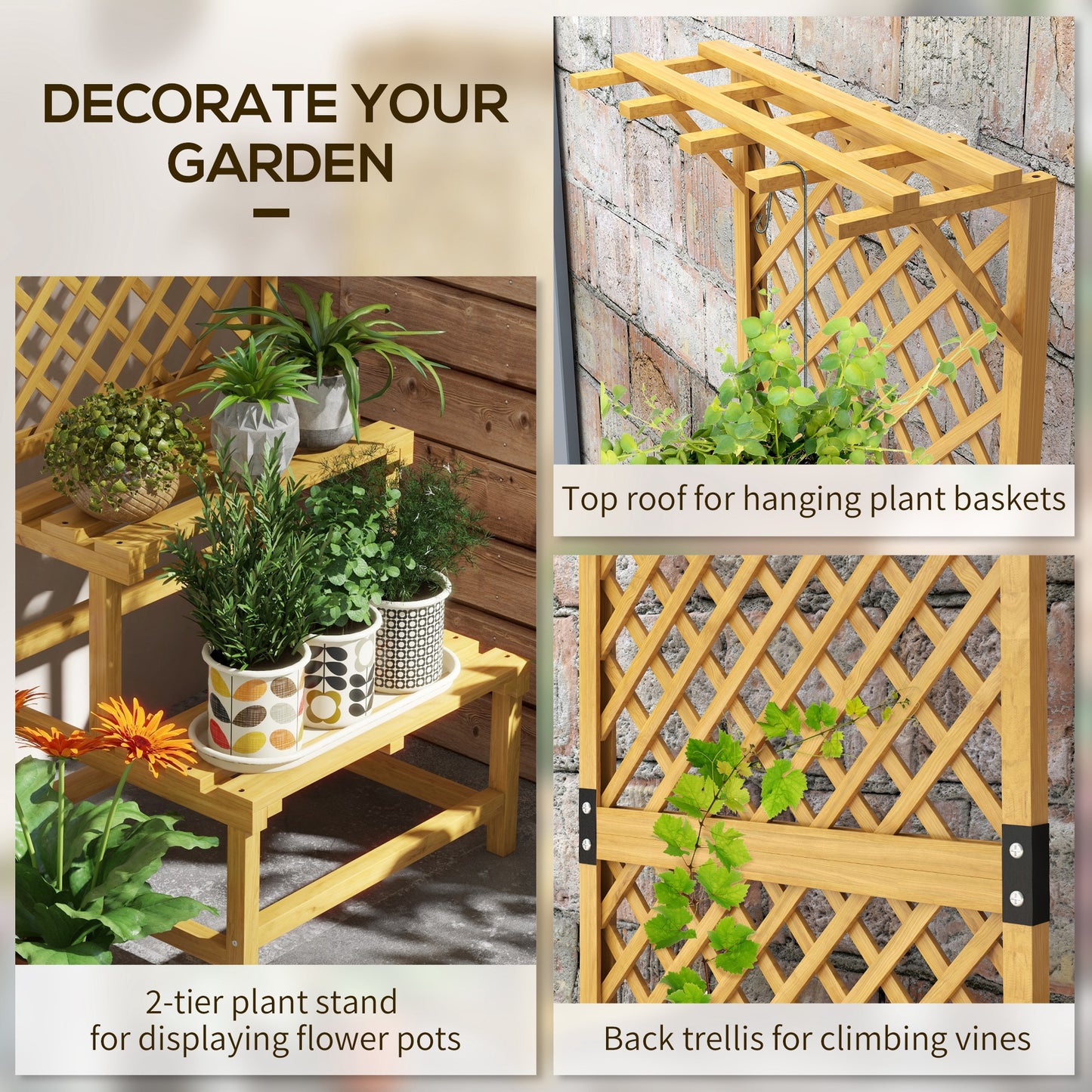 Wooden Plant Stand with Trellis, Freestanding Raised Garden Bed for Climbing Plants, Planter Box to Grow Vegetables, Herbs and Flowers for Garden, Patio, Yellow