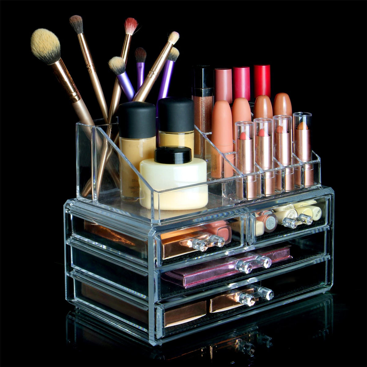 Pukkr 20 Section Clear Acrylic Cosmetic Makeup & Jewellery Organiser | 4 Slide-Out Drawers with Mesh Liners | Open-Top Tray | Lipstick Brushes Nail Polish Palettes | 19x14x13.5cm | 2-Year Guarantee