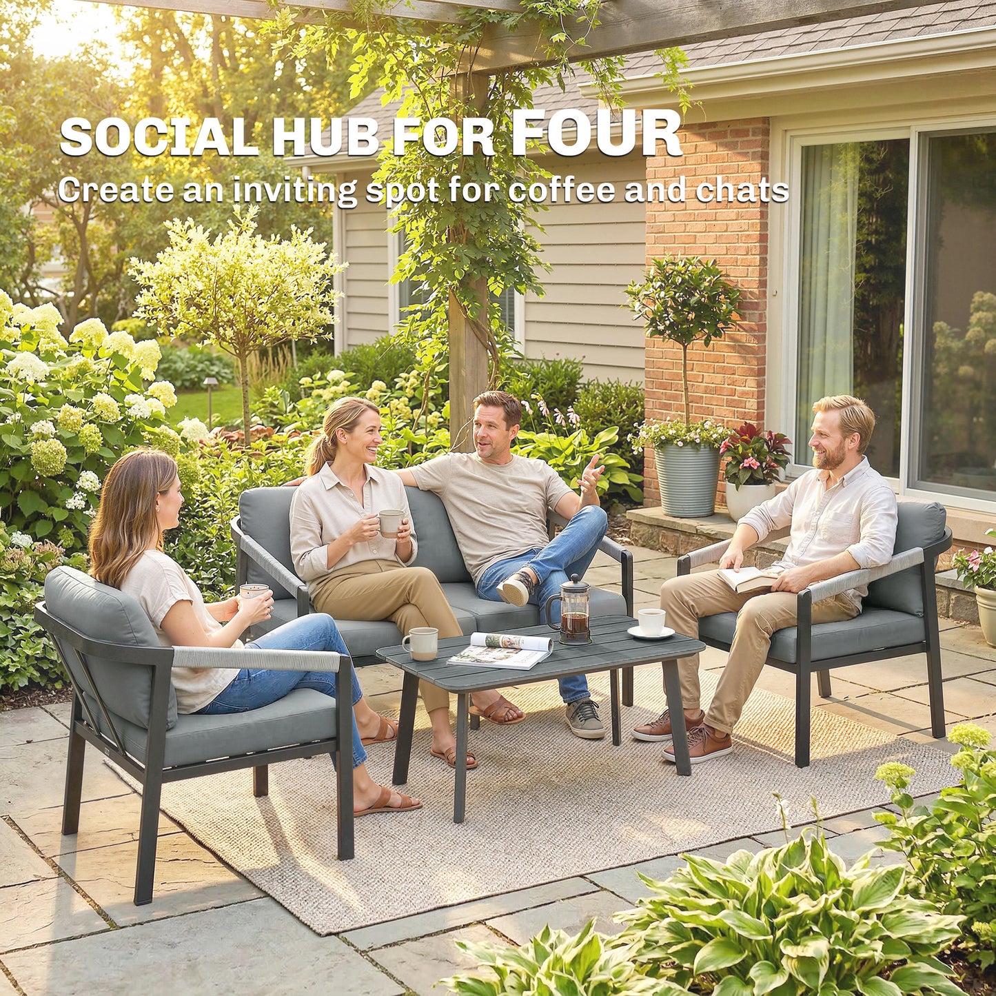 4-Seater Aluminium Garden Furniture Set | Loveseat, 2 Armchairs & Slatted Table | 10cm Cushions | Black
