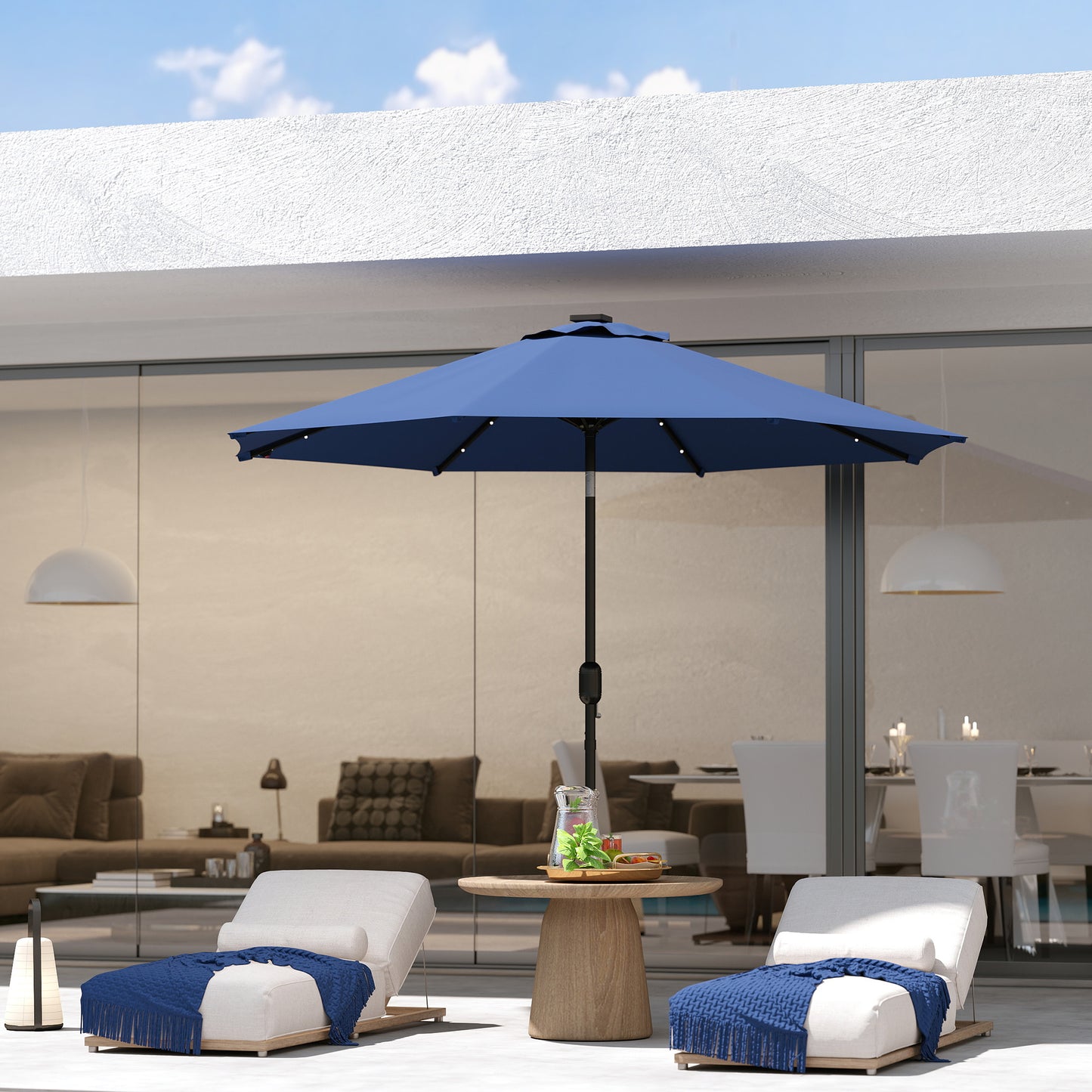 Outsunny 2.7m Outdoor Garden Umbrella with 24 LEDs Lights, Blue