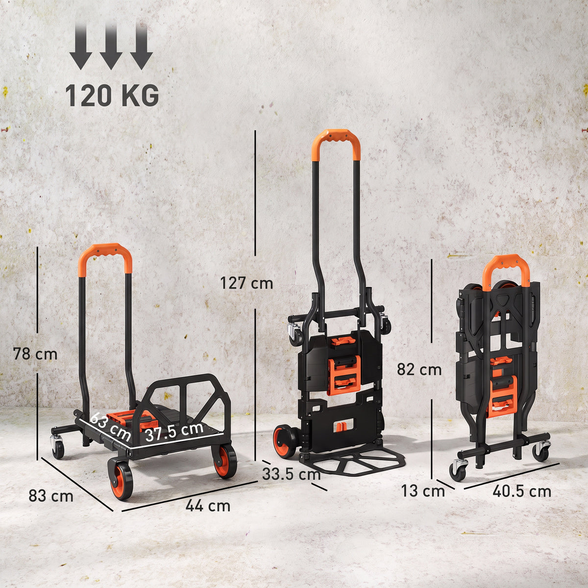 2-in-1 Folding Hand Truck | 120kg Platform Trolley & 75kg Sack Barrow | Steel Frame | Compact Foldaway Design | Black & Orange
