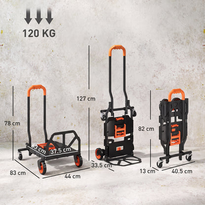2-in-1 Folding Hand Truck | 120kg Platform Trolley & 75kg Sack Barrow | Steel Frame | Compact Foldaway Design | Black & Orange