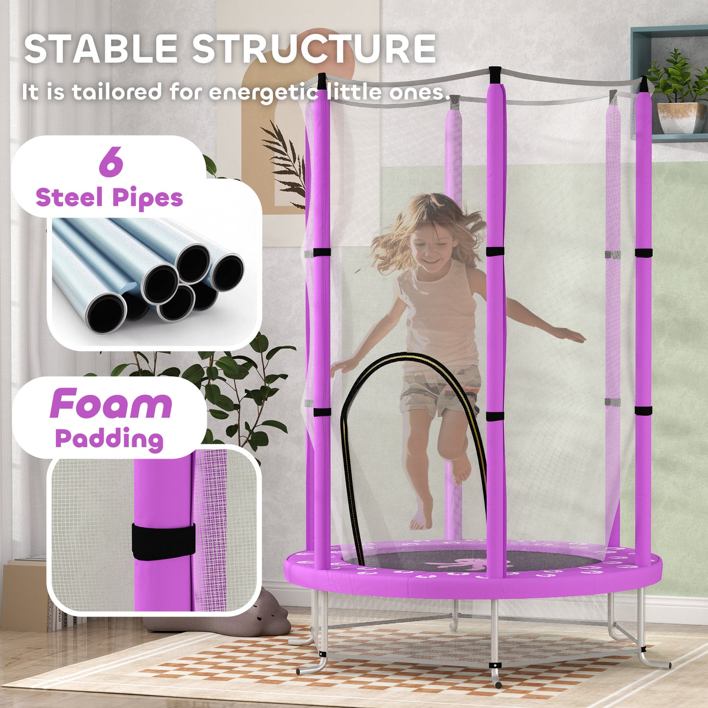 AIYAPLAY 4.6FT Toddler Trampoline w/ Safety Enclosure Net, for Indoor Outdoor Use, Ages 3-6 Years, Octopus Pattern - Purple / Green