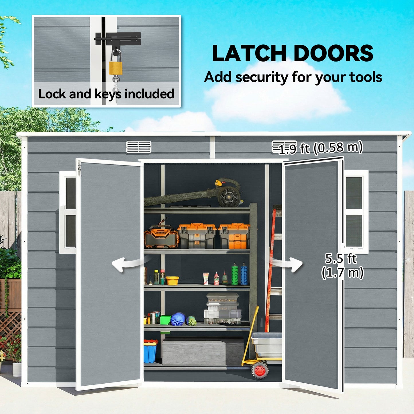 Large PP & Aluminium Garden Storage Shed | Built-In Floor | Double Doors | Lock & Keys | 2 Windows | 2 Vents | UV-Resistant | 40kg/m² Snow Load | 303x123x197cm | 3.2m² | Mowers Bikes & Tools | Grey