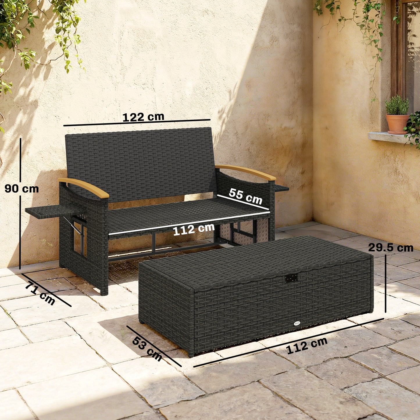 3-in-1 Rattan Garden Daybed | Loveseat to Daybed | Storage Ottoman | 5-Level Adjustable Backrest | 2 Foldable Side Tables | All-Weather PE Rattan | 240kg | Brown