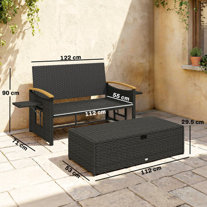 3-in-1 Rattan Garden Daybed | Loveseat to Daybed | Storage Ottoman | 5-Level Adjustable Backrest | 2 Foldable Side Tables | All-Weather PE Rattan | 240kg | Brown