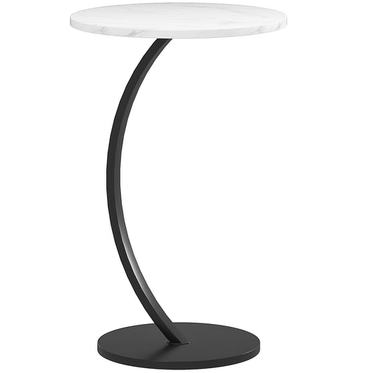C Shaped Side Table, Round Bedside Table with Marble Effect Top, Modern Coffee Table Sofa End Table, White