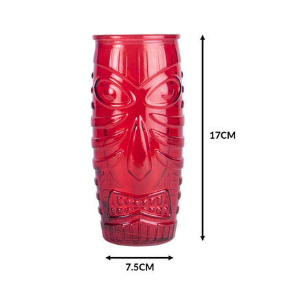 Pukkr Tiki Cocktail Glasses | Set of 2 × 600ml | Red & Green Embossed Face Design | Tropical Cocktail & Mocktail Tumblers
