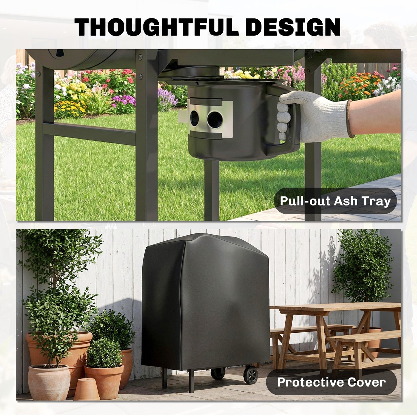 Barrel Charcoal BBQ Smoker | 2500cm² Grill | Warming Rack | Lid Thermometer | Foldable Shelves | Black
