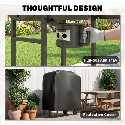 Barrel Charcoal BBQ Smoker | 2500cm² Grill | Warming Rack | Lid Thermometer | Foldable Shelves | Black