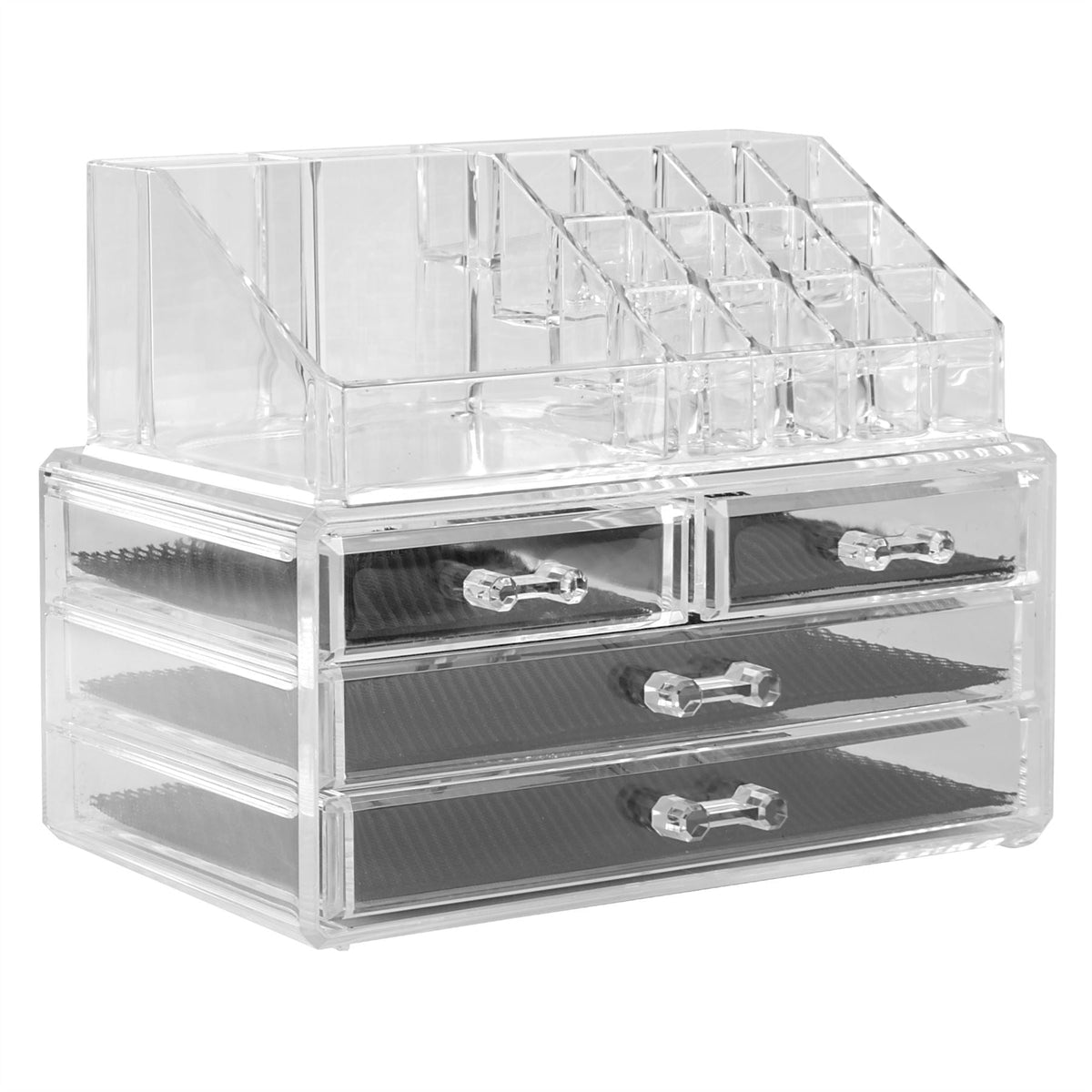 Pukkr 20 Section Clear Acrylic Cosmetic Makeup & Jewellery Organiser | 4 Slide-Out Drawers with Mesh Liners | Open-Top Tray | Lipstick Brushes Nail Polish Palettes | 19x14x13.5cm | 2-Year Guarantee
