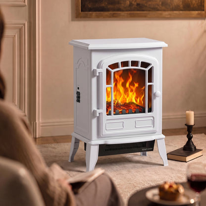 Electric Fireplace Stove | White Freestanding 2000W LED Flame Heater with Adjustable Thermostat