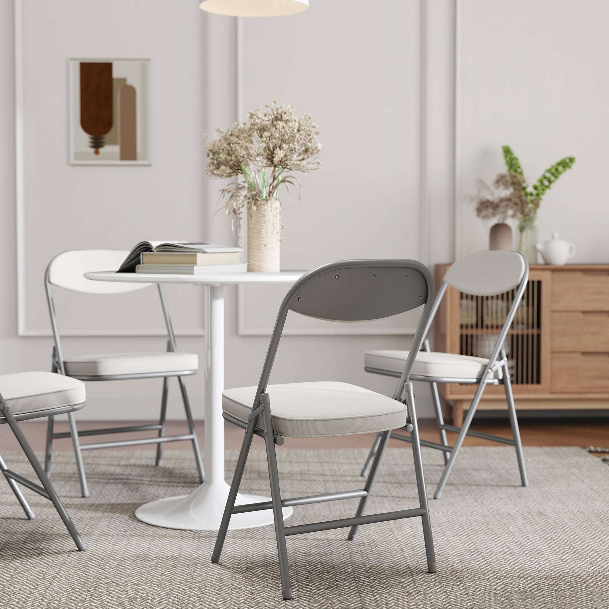 Set of 4 Folding Corduroy Dining Chairs | High Back | Padded Seat & Back | Steel Frame | Foldable | 120kg | No Assembly | Cream