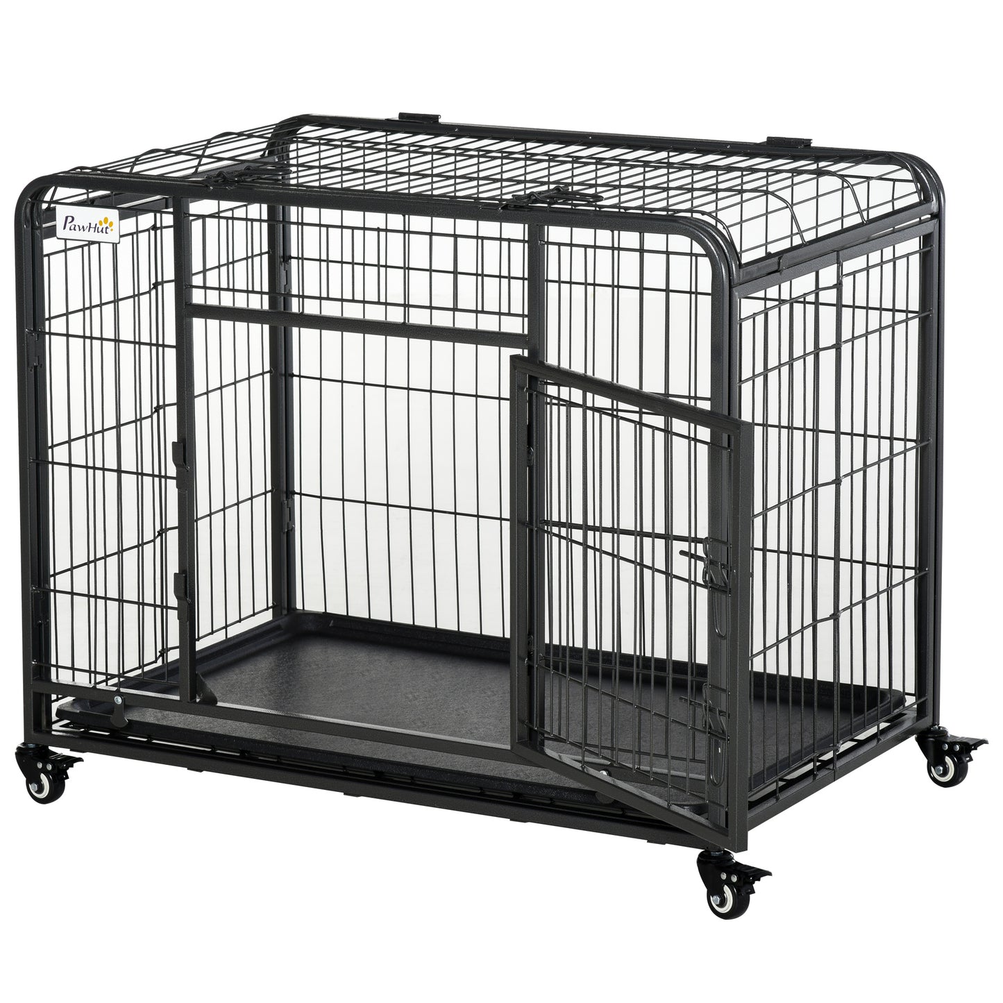 Dog Cage on Locking Wheels | Double-Latch Door | Openable Top | Removable Tray | Foldable | Medium Dogs up to 20kg | 94 x 58 x 76.5cm | Dark Grey