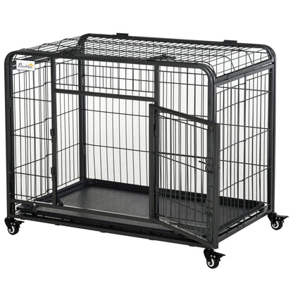 Dog Cage on Locking Wheels | Double-Latch Door | Openable Top | Removable Tray | Foldable | Medium Dogs up to 20kg | 94 x 58 x 76.5cm | Dark Grey