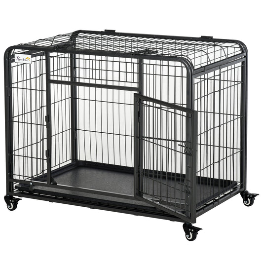 Dog Cage on Locking Wheels | Double-Latch Door | Openable Top | Removable Tray | Foldable | Medium Dogs up to 20kg | 94 x 58 x 76.5cm | Dark Grey