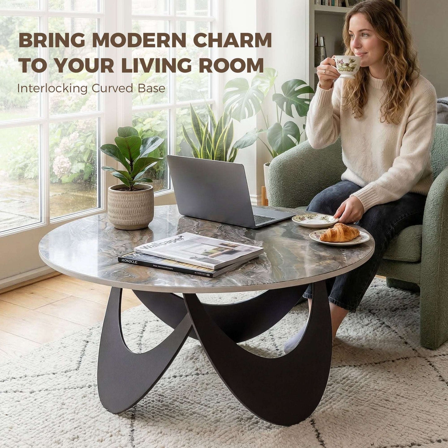 Sintered Stone Coffee Table | 80x80x40cm | Heat Resistant | Water-Glazed | Welded Metal Frame | Adjustable Feet | 40kg | Brown & Black