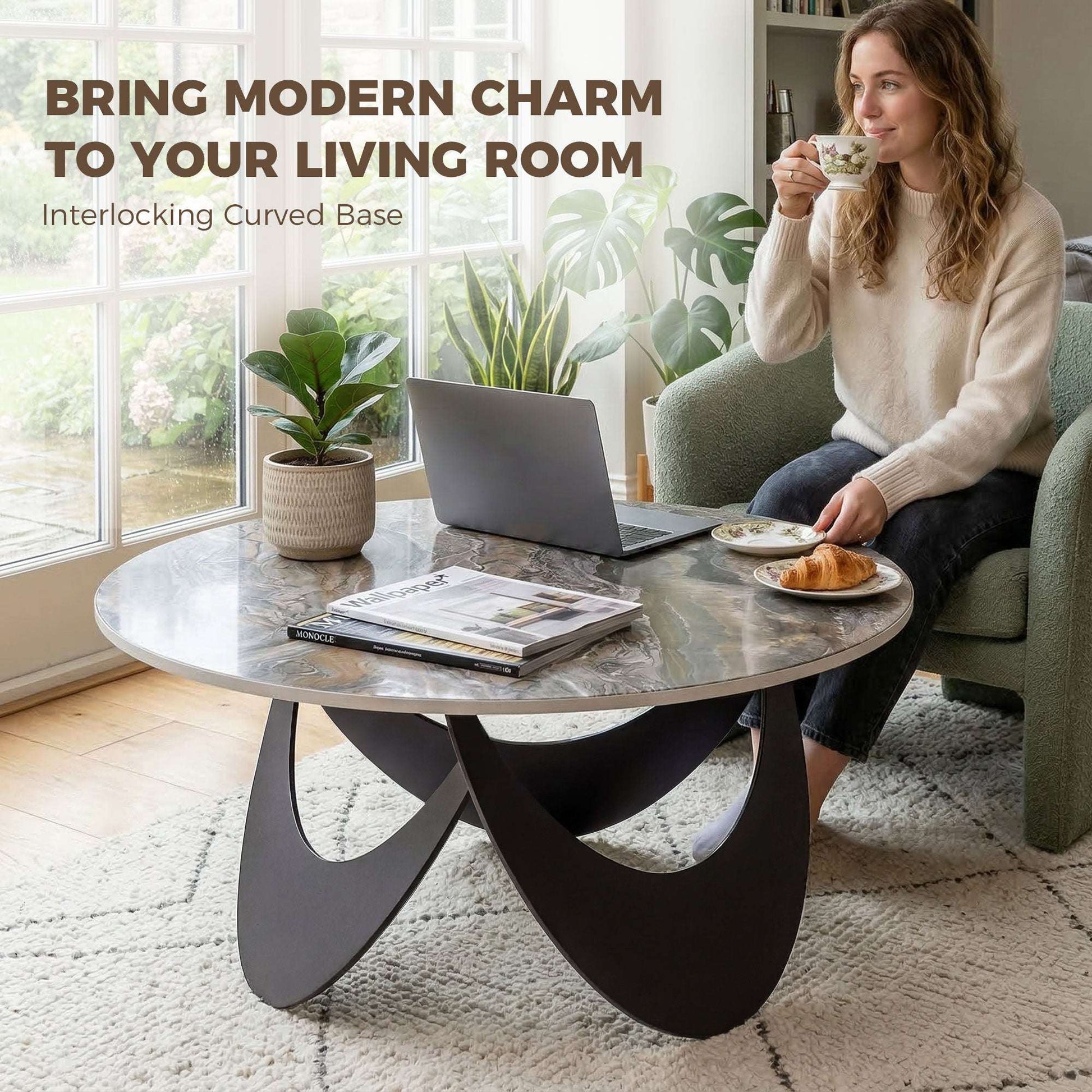 Sintered Stone Coffee Table | 80x80x40cm | Heat Resistant | Water-Glazed | Welded Metal Frame | Adjustable Feet | 40kg | Brown & Black