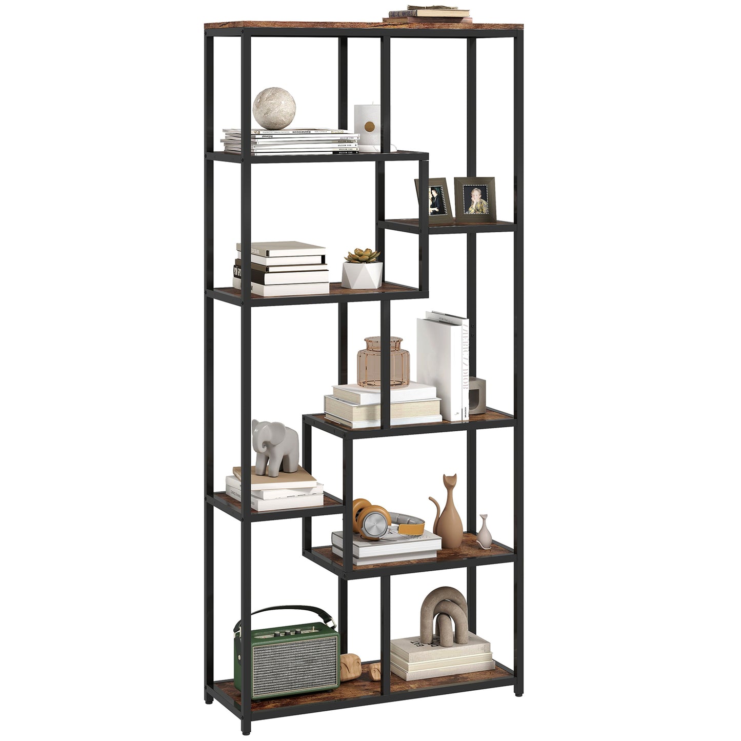 Seven-Tier Geometric Bookcase - Brown/Black